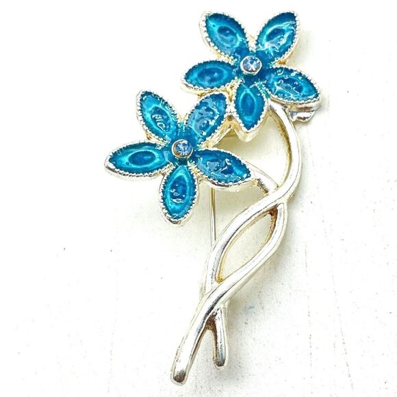 Vintage Blue Floral Bouquet Pin Silver Tone Glittery Enamel Rhinestone Center - Picture 1 of 5